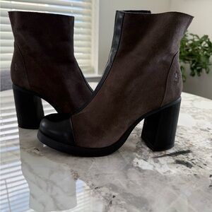 Fly London Grey and Black Suede Heeled Boots.